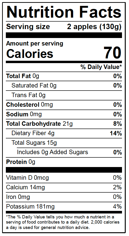 Nutrition label for a serving of Rockit apples